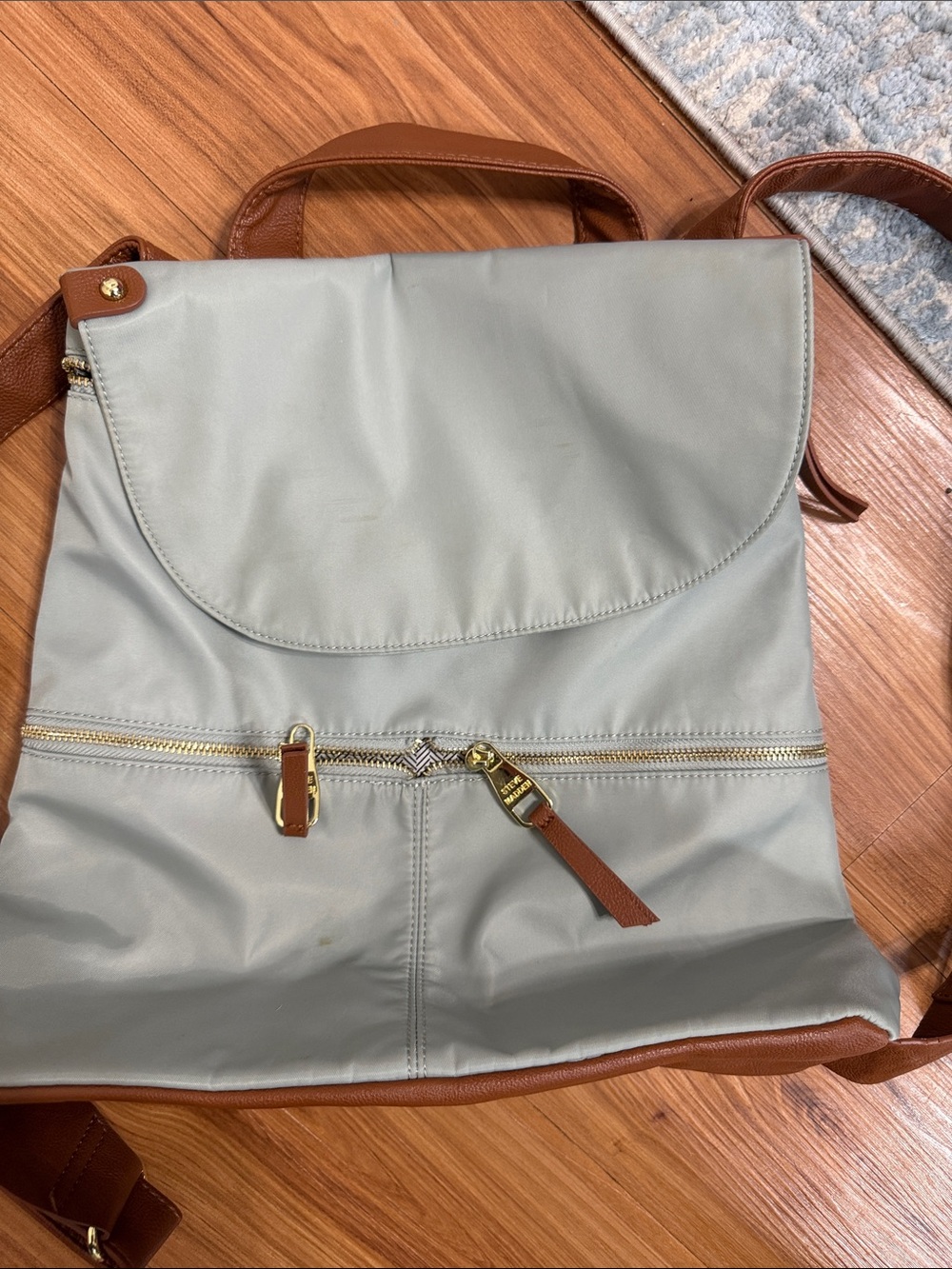Light Gray Nylon Backpack with Brown Trim